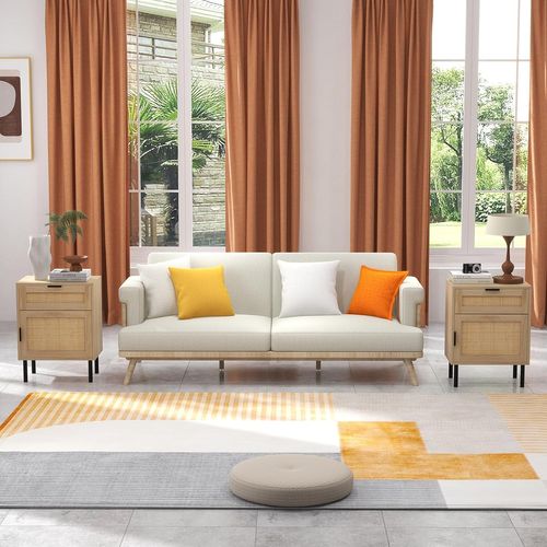 Table De Chevet Cannage,table De Nuit Bois Avec Tiroir,4 Pieds En Métal,chevet De Lit Rotin(naturel)