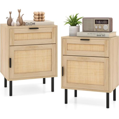 Table De Chevet Cannage,table De Nuit Bois Avec Tiroir,4 Pieds En Métal,chevet De Lit Rotin(naturel)