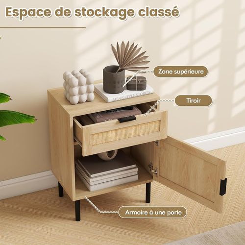 Table De Chevet Cannage,table De Nuit Bois Avec Tiroir,4 Pieds En Métal,chevet De Lit Rotin(naturel)