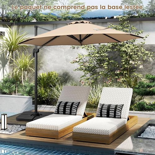 Parasol Déporté 3m, Pied Et Manivelle, Anti-uv, Pivotant à 360°, Poteau En Aluminium (beige)