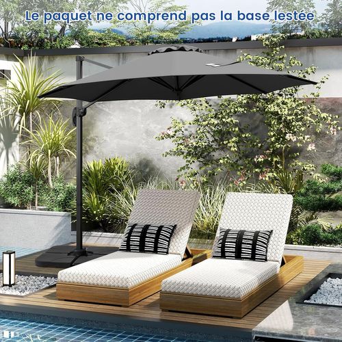 Parasol Déporté 3m, Pied Et Manivelle, Anti-uv, Pivotant à 360°, Poteau En Aluminium (gris)