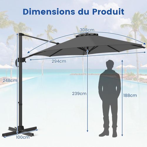 Parasol Déporté 3m, Pied Et Manivelle, Anti-uv, Pivotant à 360°, Poteau En Aluminium (gris)