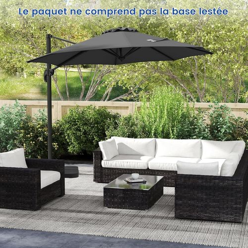 Parasol Déporté 3m, Pied Et Manivelle, Anti-uv, Pivotant à 360°, Poteau En Aluminium (gris)