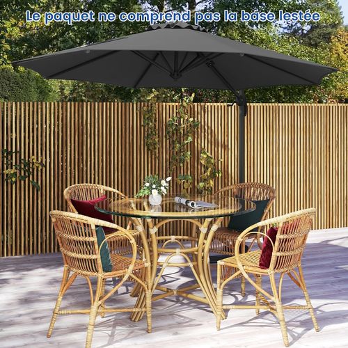 Parasol Déporté 3m, Pied Et Manivelle, Anti-uv, Pivotant à 360°, Poteau En Aluminium (gris)