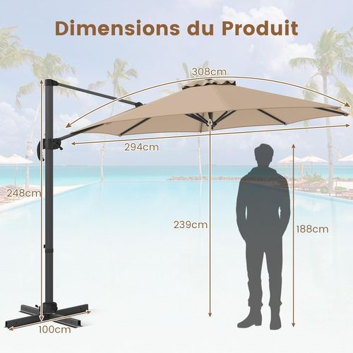Parasol Déporté 3m, Pied Et Manivelle, Anti-uv, Pivotant à 360°, Poteau En Aluminium (beige)