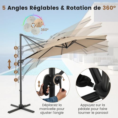 Parasol Déporté 3m, Pied Et Manivelle, Anti-uv, Pivotant à 360°, Poteau En Aluminium (beige)