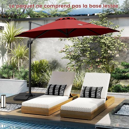 Parasol Déporté 3m, Pied Et Manivelle, Anti-uv, Pivotant à 360°, Poteau En Aluminium (bordeaux)