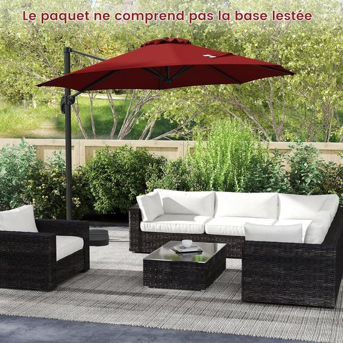 Parasol Déporté 3m, Pied Et Manivelle, Anti-uv, Pivotant à 360°, Poteau En Aluminium (bordeaux)