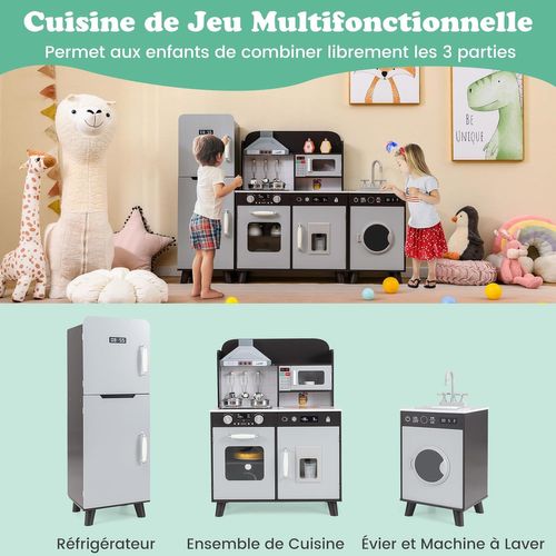 3 En 1 Cuisine Enfant Avec Réfrigérateur Et Machine à Laver, Avec Lumière, Pour 3 Ans+ (brun)