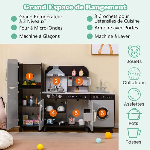 3 En 1 Cuisine Enfant Avec Réfrigérateur Et Machine à Laver, Avec Lumière, Pour 3 Ans+ (brun)
