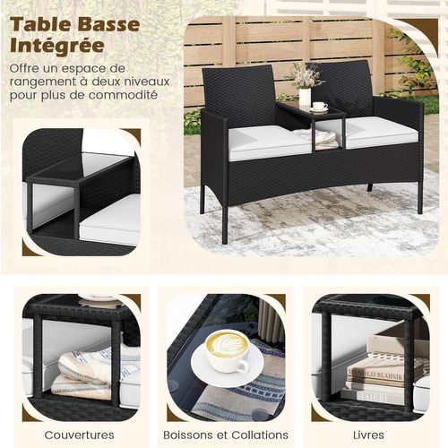Salon De Jardin 2 Places Avec Table, Plateau En Verre Trempé, 62 X 124 X 84 Cm (coussin Blanc)
