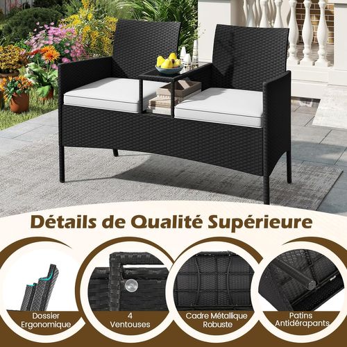 Salon De Jardin 2 Places Avec Table, Plateau En Verre Trempé, 62 X 124 X 84 Cm (coussin Blanc)