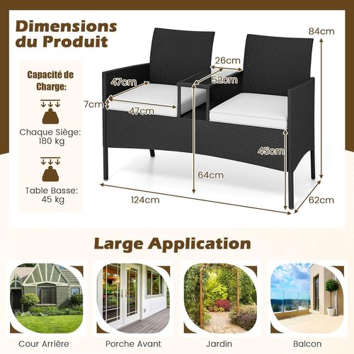 Salon De Jardin 2 Places Avec Table, Plateau En Verre Trempé, 62 X 124 X 84 Cm (coussin Blanc)