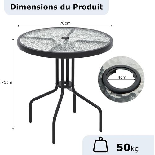 Table De Jardin Ronde 70 Cm, Table Basse De Patio En Verre Trempé Avec Cadre En Métal Robuste,noir