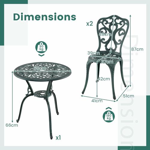 Salon De Jardin 3pcs En Fonte D’aluminium, Ensemble Bistro 2 Chaises Et 1 Table Ronde(vert Antique)