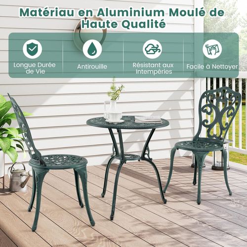 Salon De Jardin 3pcs En Fonte D’aluminium, Ensemble Bistro 2 Chaises Et 1 Table Ronde(vert Antique)