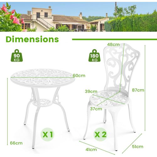Salon De Jardin 3pcs En Fonte D’aluminium, Ensemble Bistro 2 Chaises Et 1 Table Ronde(blanc)