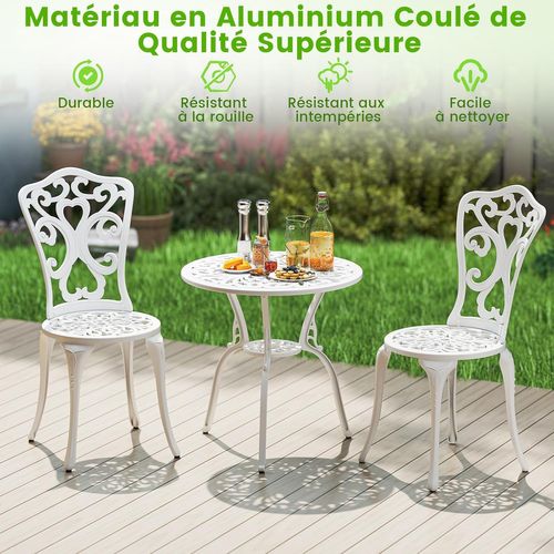 Salon De Jardin 3pcs En Fonte D’aluminium, Ensemble Bistro 2 Chaises Et 1 Table Ronde(blanc)