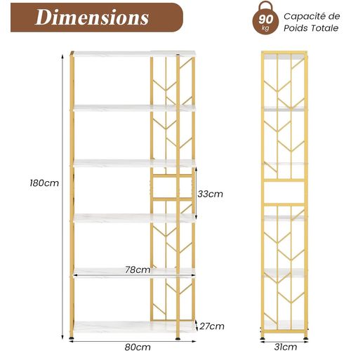 Bibliothèque à 6 Étagères, Style Moderne Géométrique Avec Cadre Métallique (Doré+ Blanc)