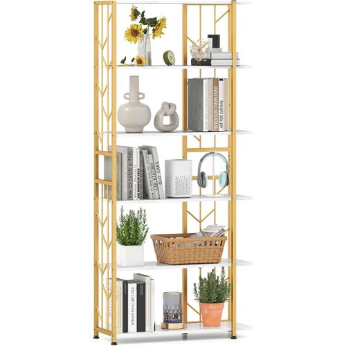 Bibliothèque à 6 Étagères, Style Moderne Géométrique Avec Cadre Métallique (Doré+ Blanc)