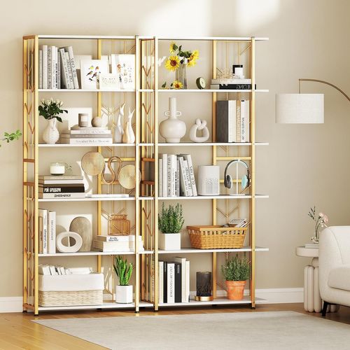 Bibliothèque à 6 Étagères, Style Moderne Géométrique Avec Cadre Métallique (Doré+ Blanc)