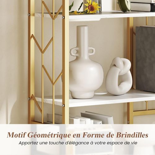 Bibliothèque à 6 Étagères, Style Moderne Géométrique Avec Cadre Métallique (Doré+ Blanc)