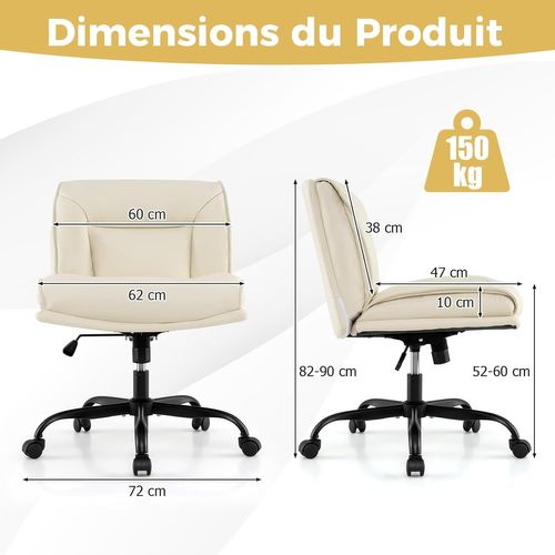 Chaise De Bureau Tournante à 360° Avec Roues En Cuir Artificiel Hauteur Réglable, Beige
