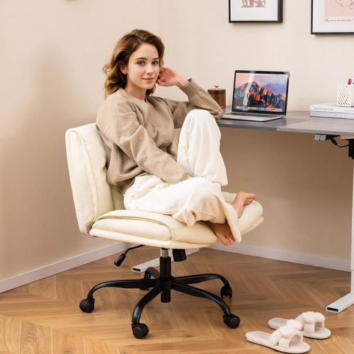 Chaise De Bureau Tournante à 360° Avec Roues En Cuir Artificiel Hauteur Réglable, Beige