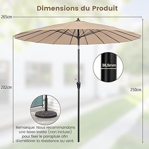 Parasol De Jardin Exterieur 265 Cm, 30° Inclinaison à Bouton-poussoir, 18 Baleines (brun)