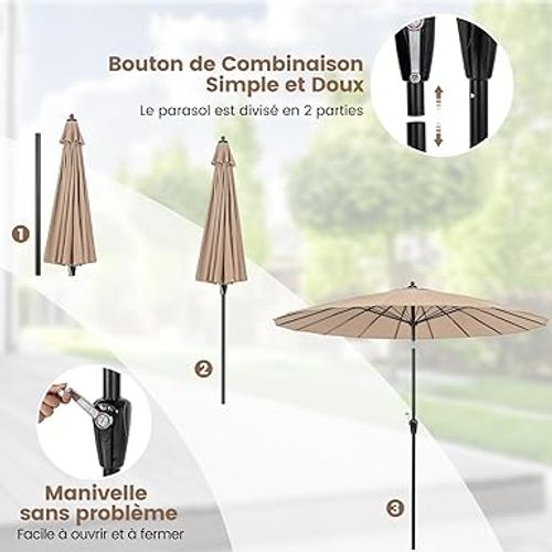 Parasol De Jardin Exterieur 265 Cm, 30° Inclinaison à Bouton-poussoir, 18 Baleines (brun)