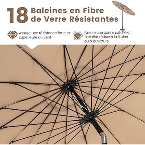 Parasol De Jardin Exterieur 265 Cm, 30° Inclinaison à Bouton-poussoir, 18 Baleines (brun)