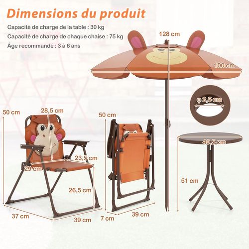 Table De Pique-nique Enfant En Motif Singe Avec Parasol Amovible Et Réglable