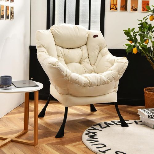 Fauteuil Salon Scandinave Avec Oreiller Et Poche Latérale, Cadre Pour Charger De 114 Kg, Beige