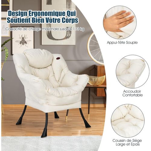 Fauteuil Salon Scandinave Avec Oreiller Et Poche Latérale, Cadre Pour Charger De 114 Kg, Beige