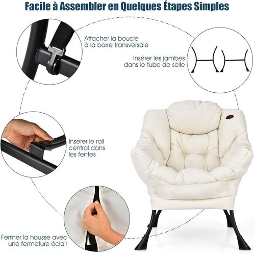 Fauteuil Salon Scandinave Avec Oreiller Et Poche Latérale, Cadre Pour Charger De 114 Kg, Beige