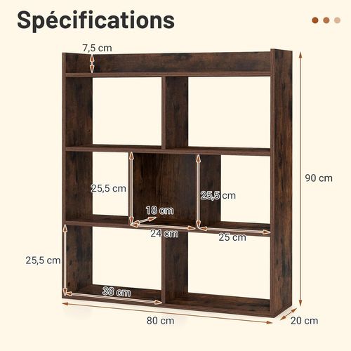 Bibliothèque Étagère 7 Compartiments, Meuble De Rangement à 4 Niveaux,20x80x90cm(marron Rustique)