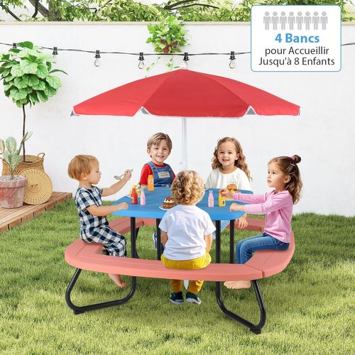 Table De Pique-nique Enfant En Hdpe Avec Parasol Amovible Et Réglable