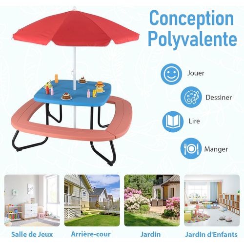 Table De Pique-nique Enfant En Hdpe Avec Parasol Amovible Et Réglable