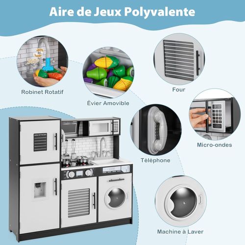 Cuisine Enfant Bois Avec Sons Et Lumières, Machine à Laver, Micro-ondes, 3 Ans+ ,noir
