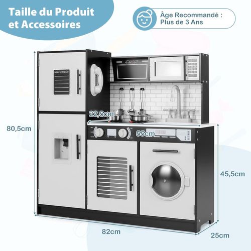 Cuisine Enfant Bois Avec Sons Et Lumières, Machine à Laver, Micro-ondes, 3 Ans+ ,noir