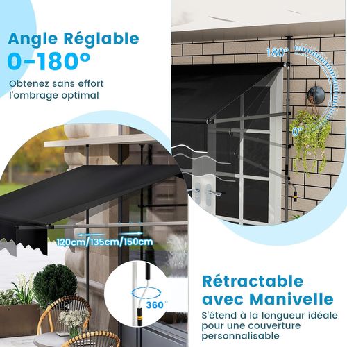 Store Banne Manuel Rétractable De 2,5 X 1,2/1,35/1,5m, Hauteur Réglable 210-300cm(noir)