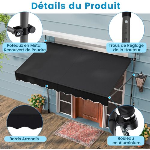 Store Banne Manuel Rétractable De 2,5 X 1,2/1,35/1,5m, Hauteur Réglable 210-300cm(noir)