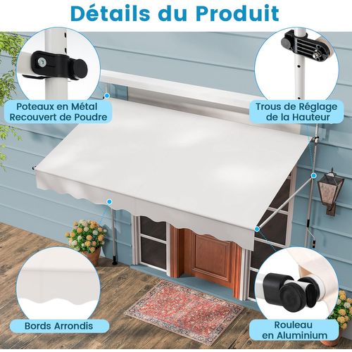 Store Banne Manuel Rétractable De 2,5 X 1,2/1,35/1,5m, Hauteur Réglable 210-300cm (blanc)