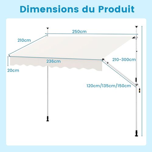 Store Banne Manuel Rétractable De 2,5 X 1,2/1,35/1,5m, Hauteur Réglable 210-300cm (blanc)