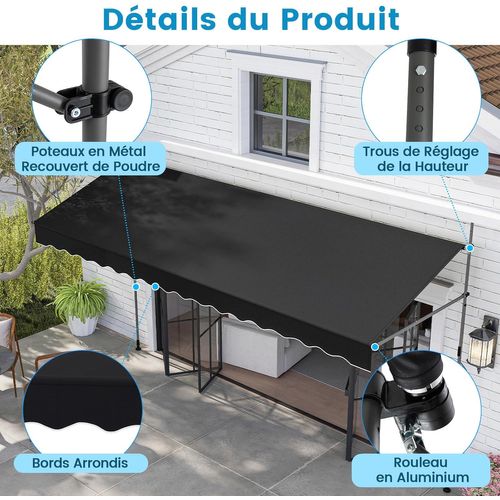 Store Banne Manuel Rétractable De 4 X 1,2/1,35/1,5m, Hauteur Réglable 210-300cm (noir)