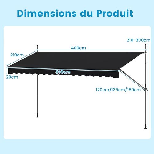 Store Banne Manuel Rétractable De 4 X 1,2/1,35/1,5m, Hauteur Réglable 210-300cm (noir)