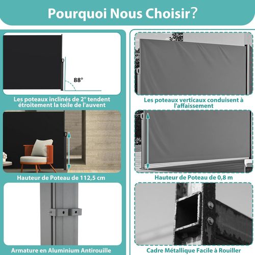 Brise-vue Rétractable 3 X 1,8 M, Store Latéral Extérieur Avec Poignée Latéral (noir)