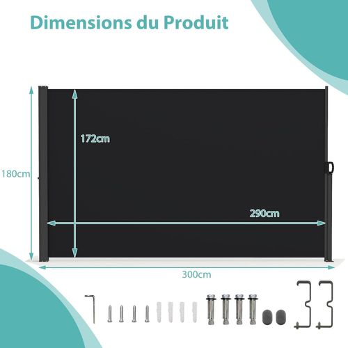 Brise-vue Rétractable 3 X 1,8 M, Store Latéral Extérieur Avec Poignée Latéral (noir)