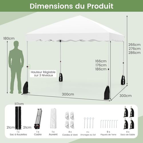 Tonnelle De Pliable 3x3m, 8 Piquets 4 Ancrages 4 Cordes Coupe-vent 4 Sacs De Sable (blanc)