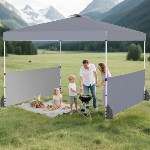 Tonnelle De Pliable 3x3m Avec 2 Demi-murs Latéraux, 8 Piquets 4 Ancrages, Cordes et Sacs, Gris